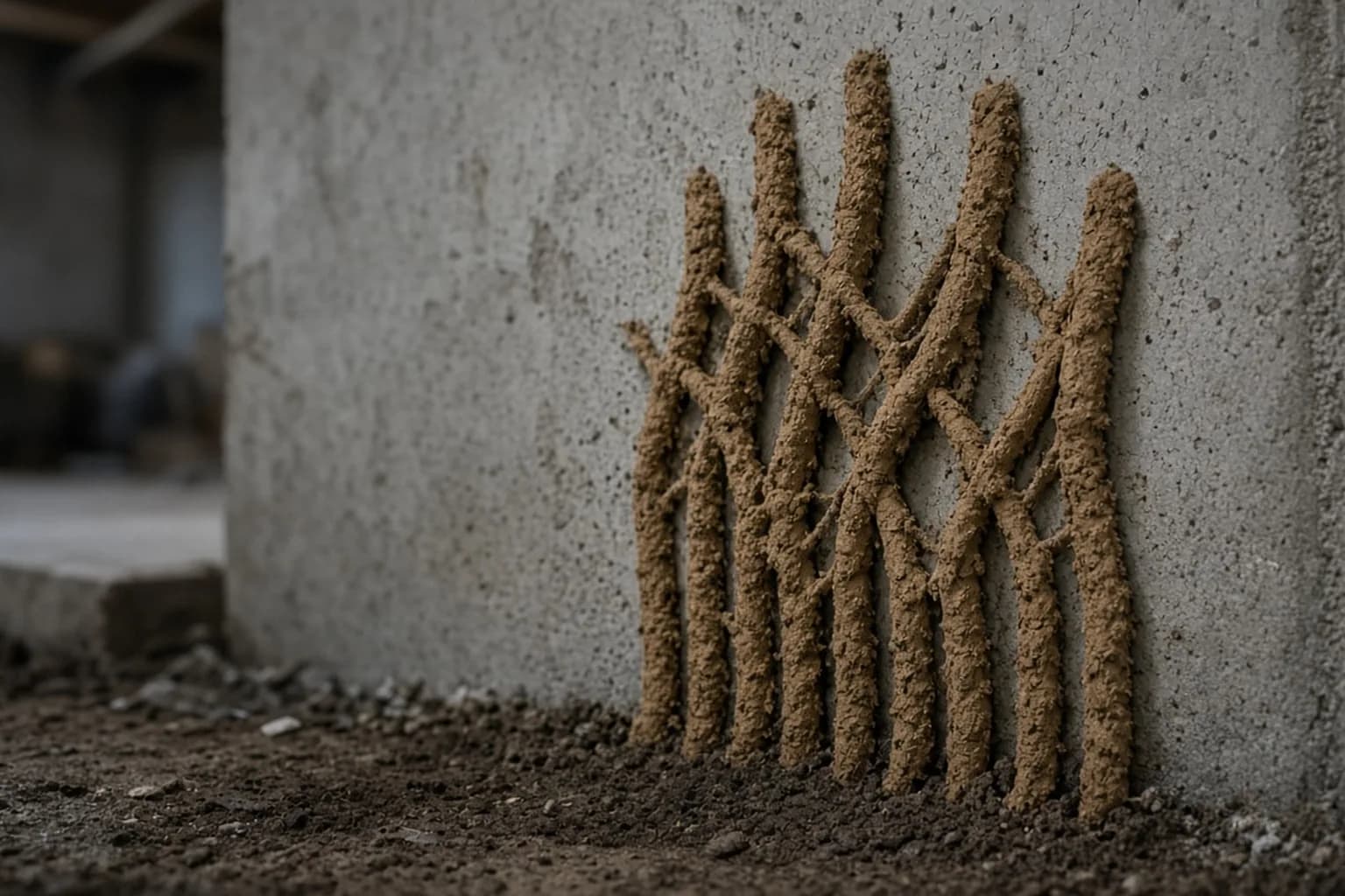 Mud tubes on a foundation wall