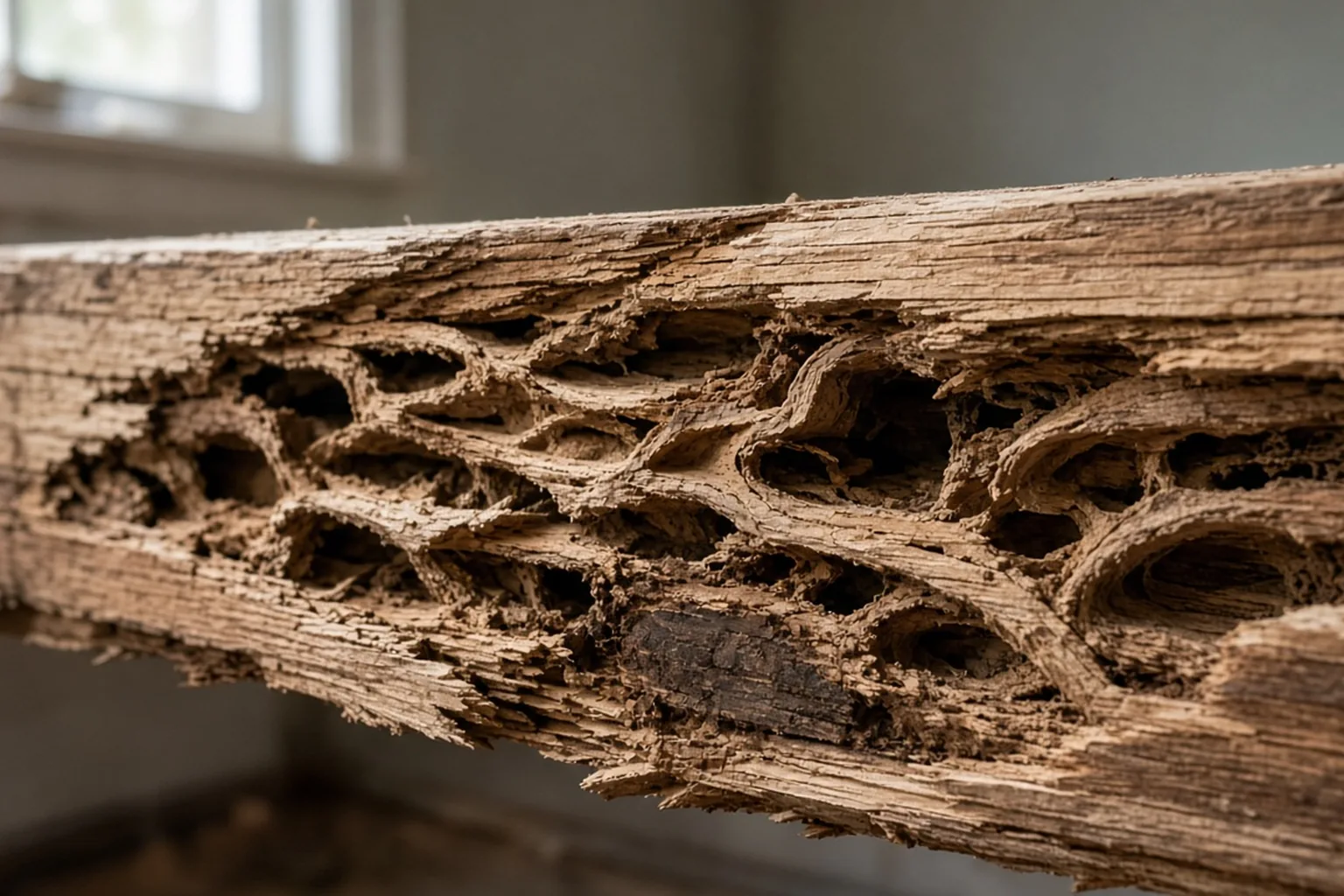 Damaged wood showing internal termite galleries