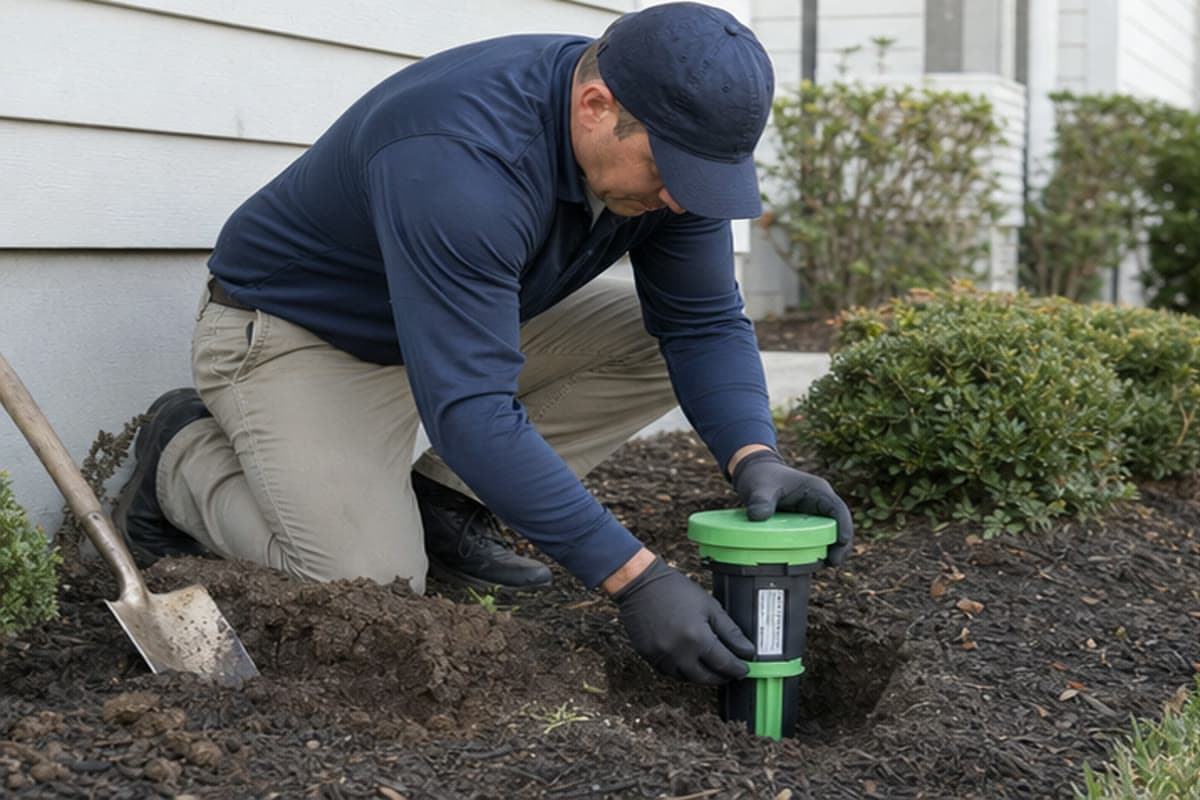 Technician installing a termite bait station in soil near a home