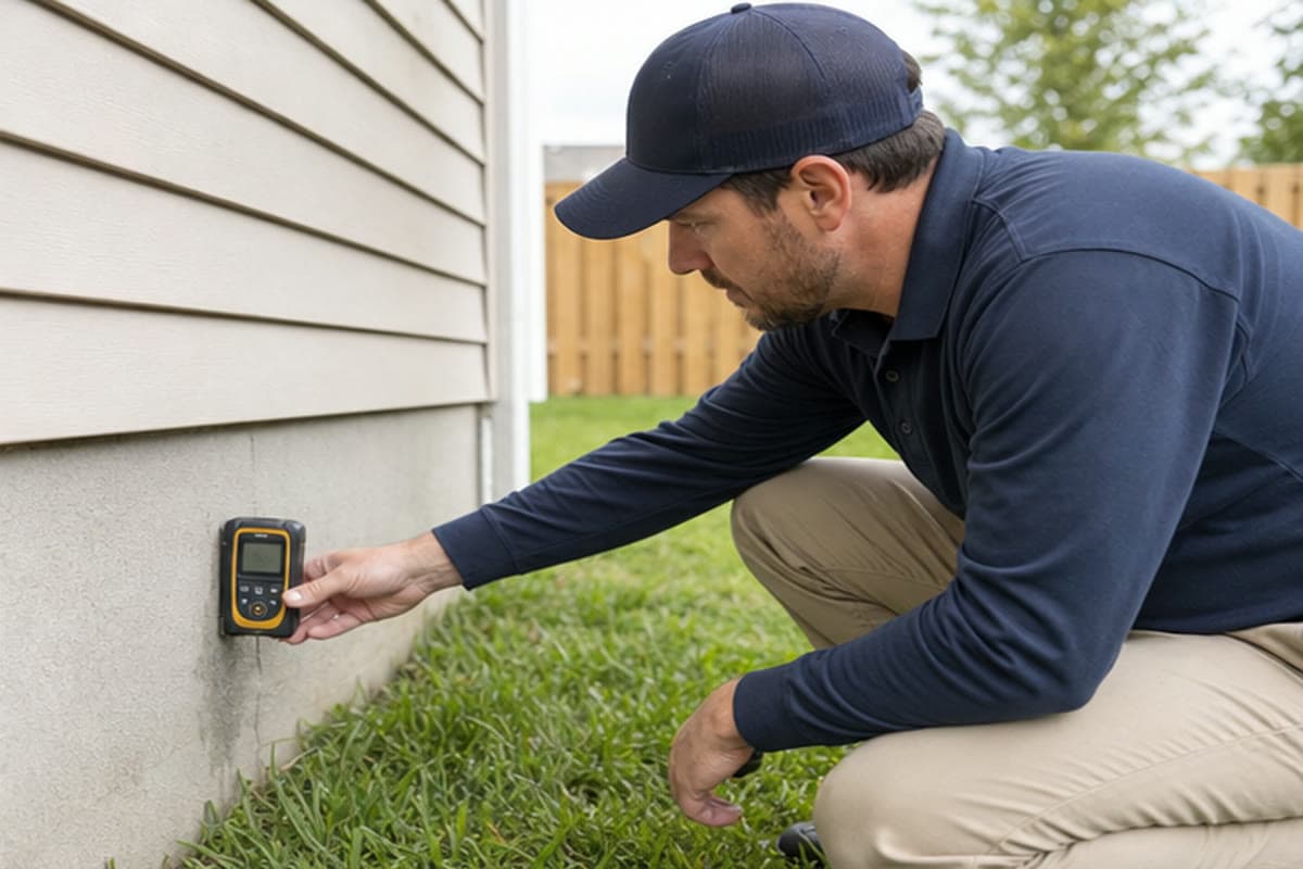 Pest inspector checking moisture conditions along a residential foundation