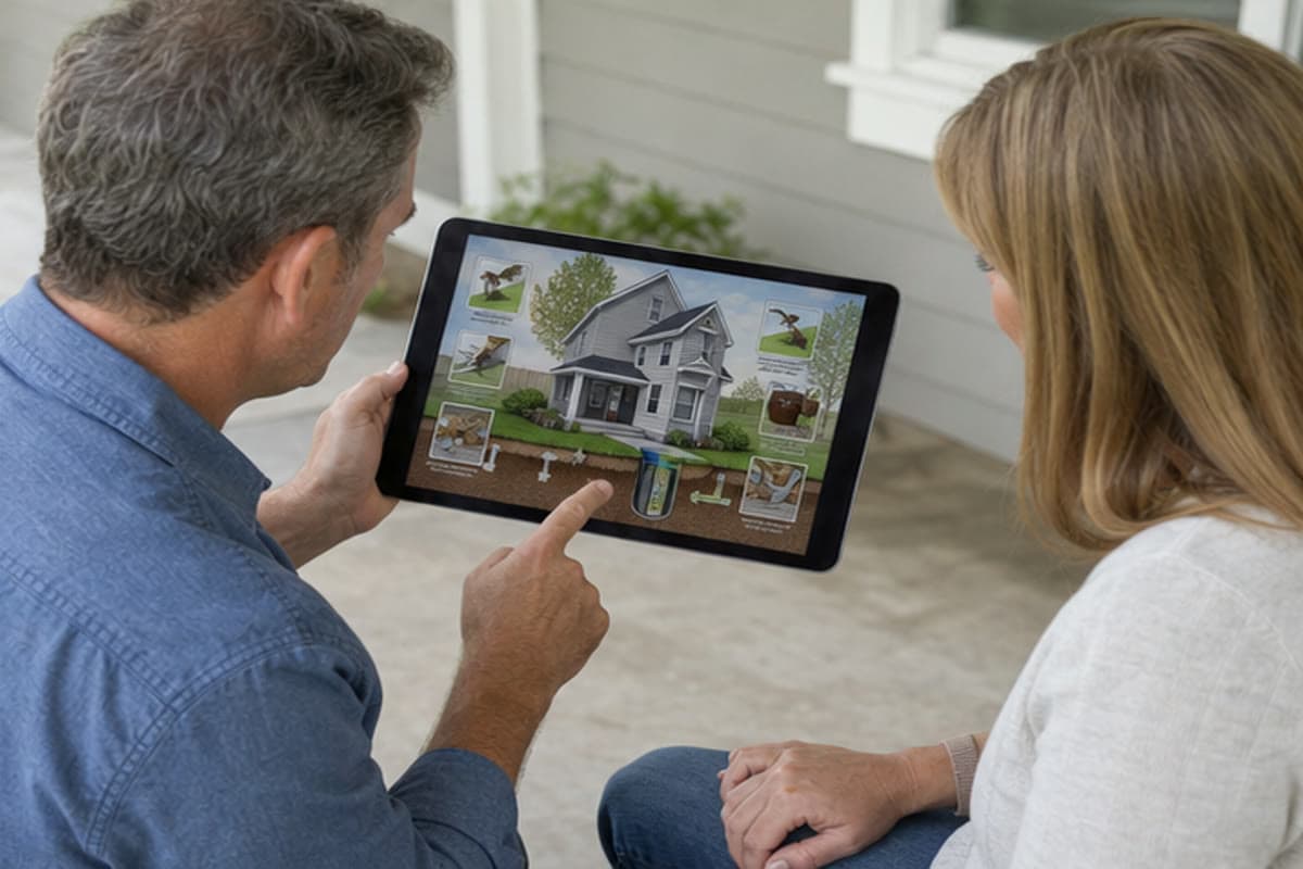 Homeowner and pest professional reviewing a termite inspection and prevention plan