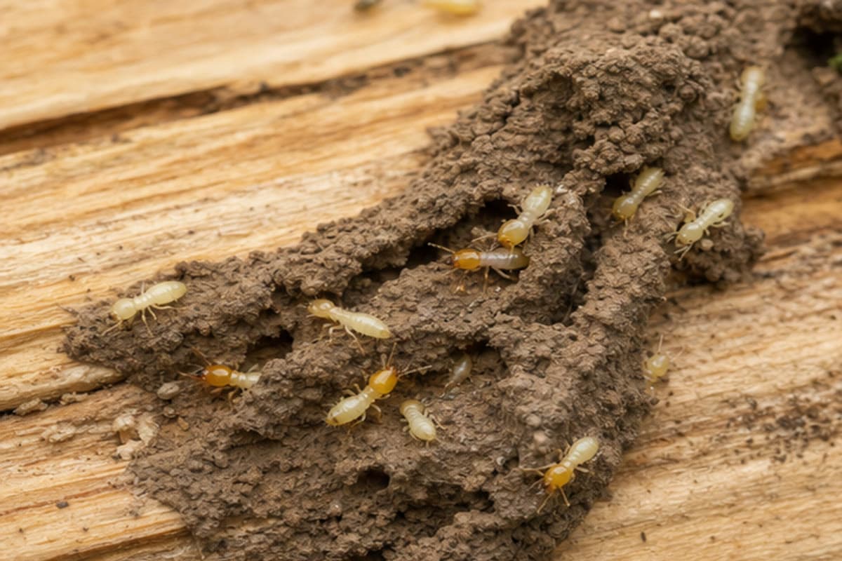 Subterranean termite workers moving through a mud tube on damaged wood